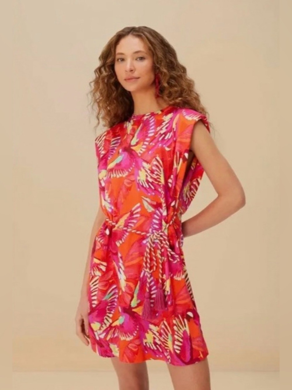 FARM Rio S Pink Red Flying Birds Tropical Print Rope Belt Padded Shoulder Mini